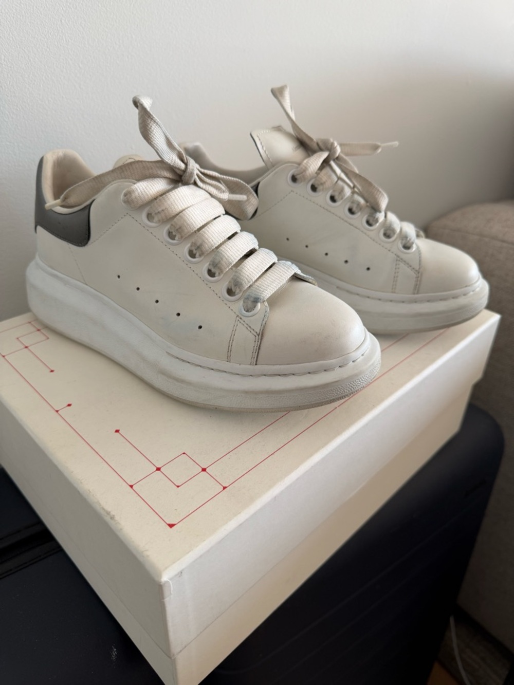 Alexander McQueen Cream Platform Leather Sneakers with Gray Heel Tab